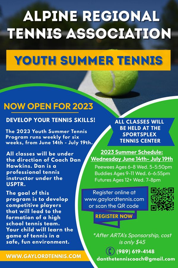 Flyer advertising 2023 Youth Summer Tennis program by Alpine Regional Tennis Association.