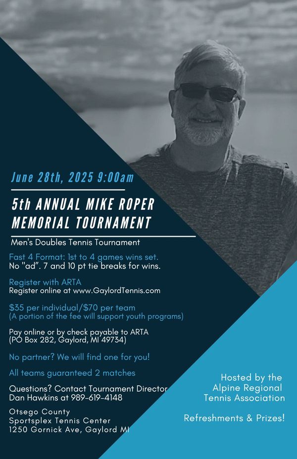 Flyer for the 5th Annual Mike Roper Memorial Men's Doubles Tennis Tournament on June 28, 2025.