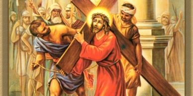 Jesus carrying the cross with Roman soldiers around him.