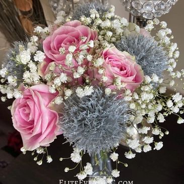 Wedding flowers by Elite Events BC - soft pink roses, grey thistle and baby's breath.