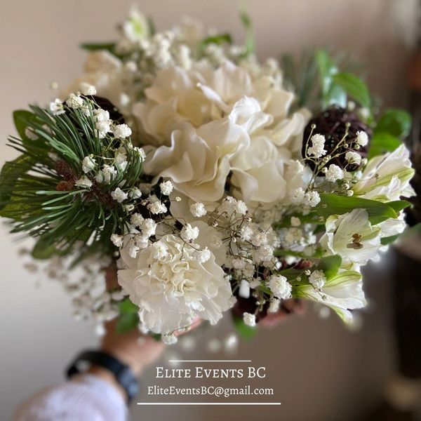 Wedding bouquet in white, green and brown. Flowers by Elite Events BC.