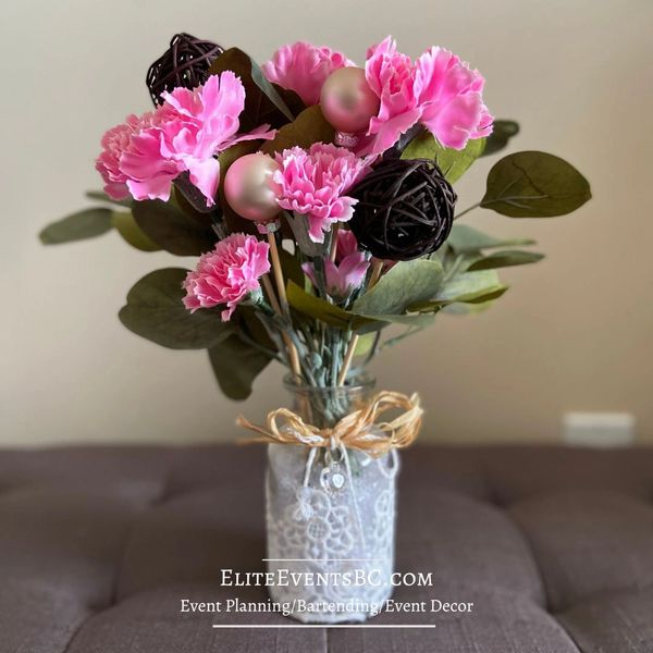 Small bouquet of pink carnations and eucalyptus created by Elite Events BC
