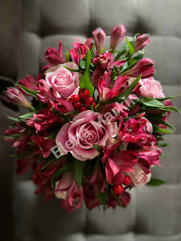 Pink roses and red alstroemerias bouquet designed and created by Elite Events BC.  