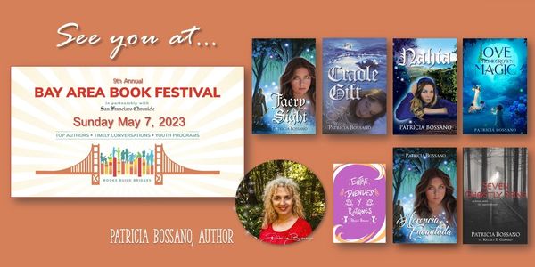 Bay Area Book Festival 23 official thumbnail. Patricia Bossano author pic and cover art for 7 books