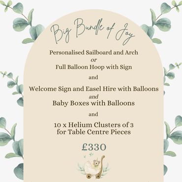 Elegant baby celebration package with personalized decorations and helium clusters for £330.