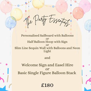 Party essentials package includes personalised decorations and balloon options for £180.