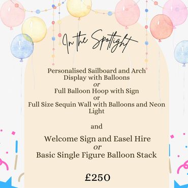 Party decoration options with balloons, signs, and hire for £250.
