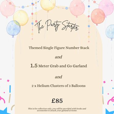 Party decoration package with balloons, garland, and helium clusters for £85.