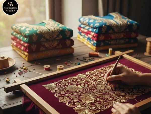 Artisan hand-embroiders gold thread on maroon fabric using a wooden frame.