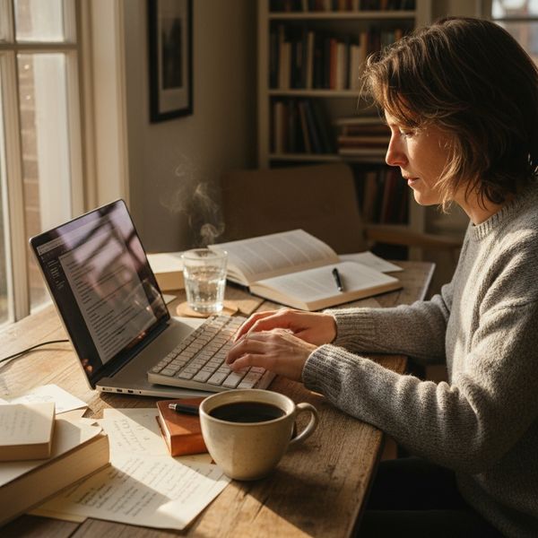 Young woman typing her book at her desk