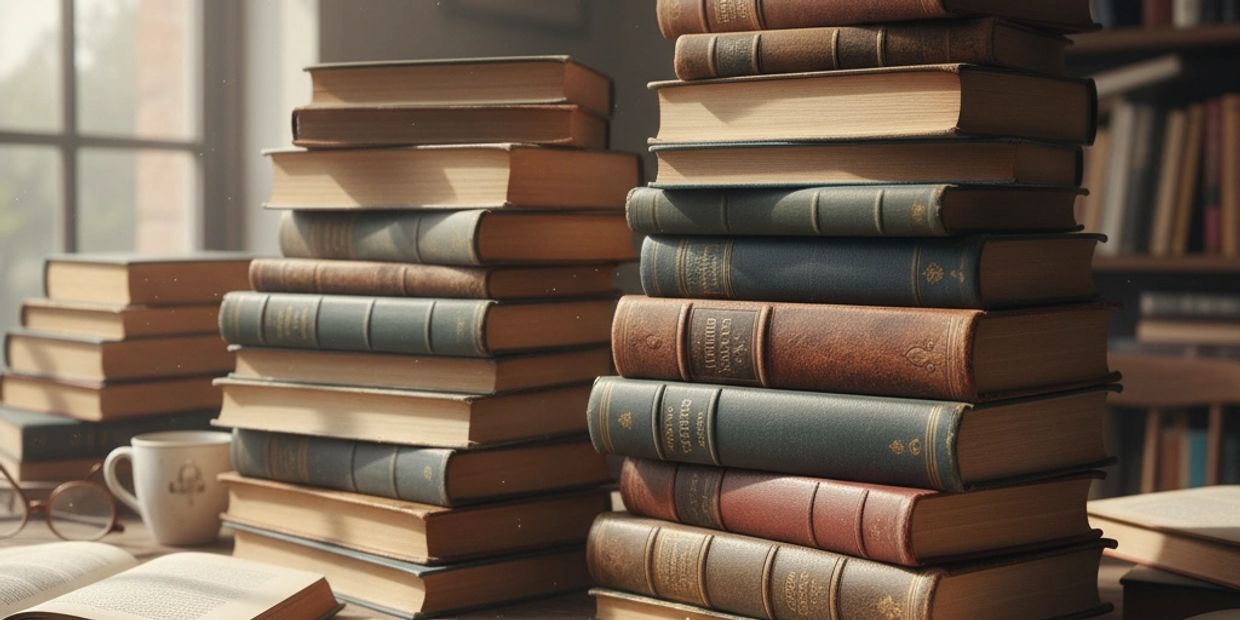 Stacs and stacks of older books on a desk, a coffee mug and an open pad for writting with full book