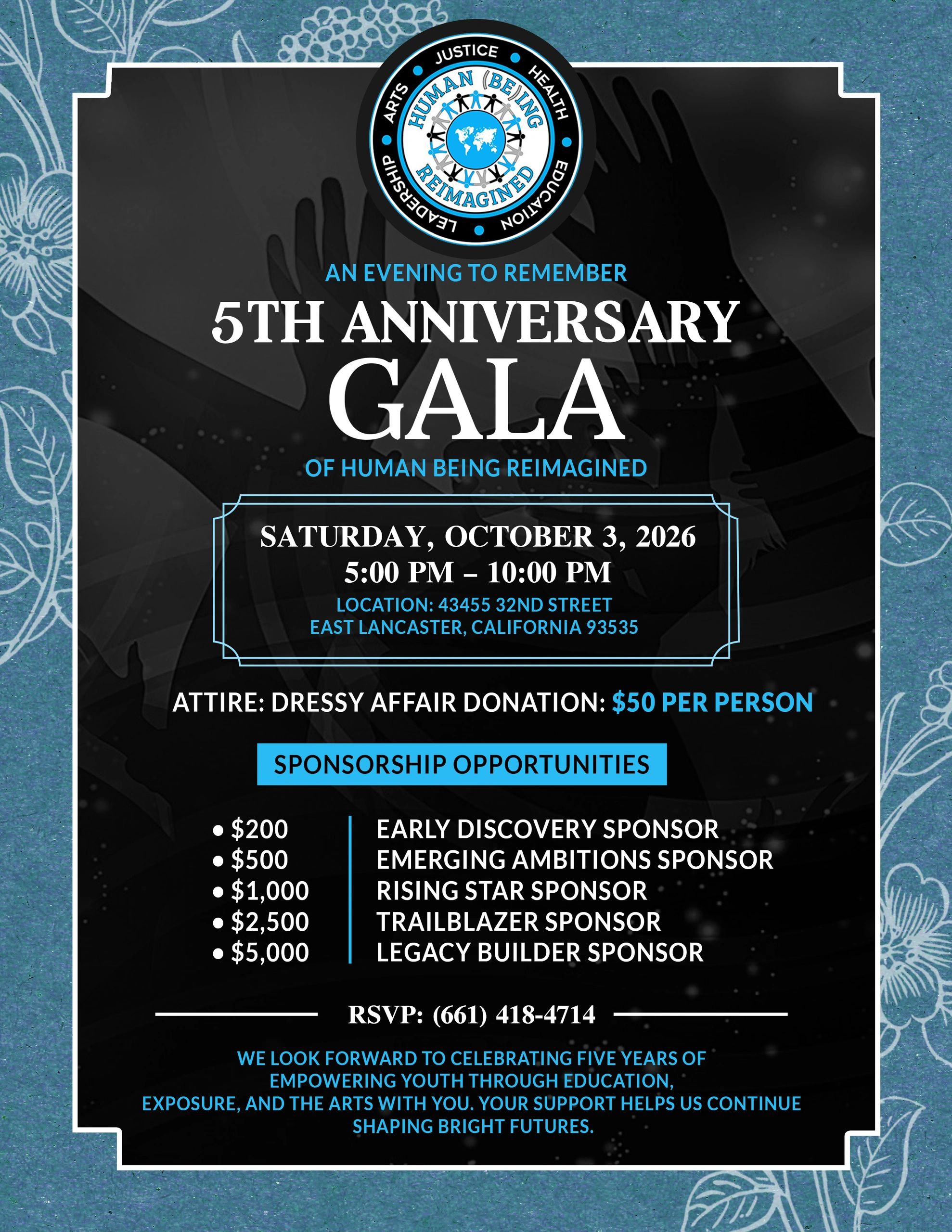 Flyer for Human Being Reimagined's 5th Anniversary Gala on Oct 3, 2026.
