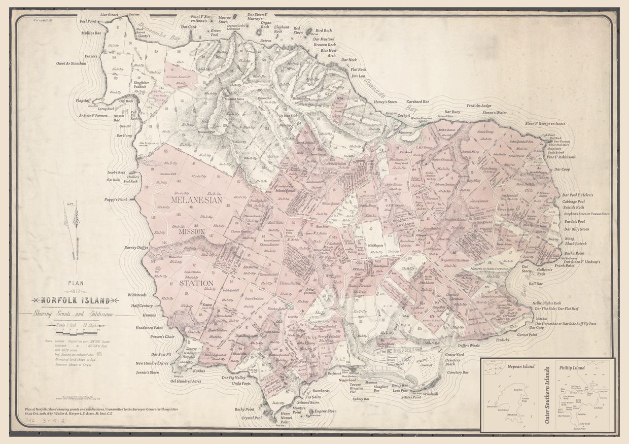 Detailed vintage map of Norfolk Island with land grants and subdivisions.
