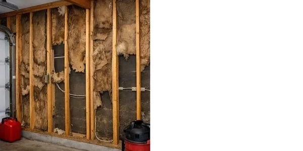Damaged wall insulation in a garage before repair.