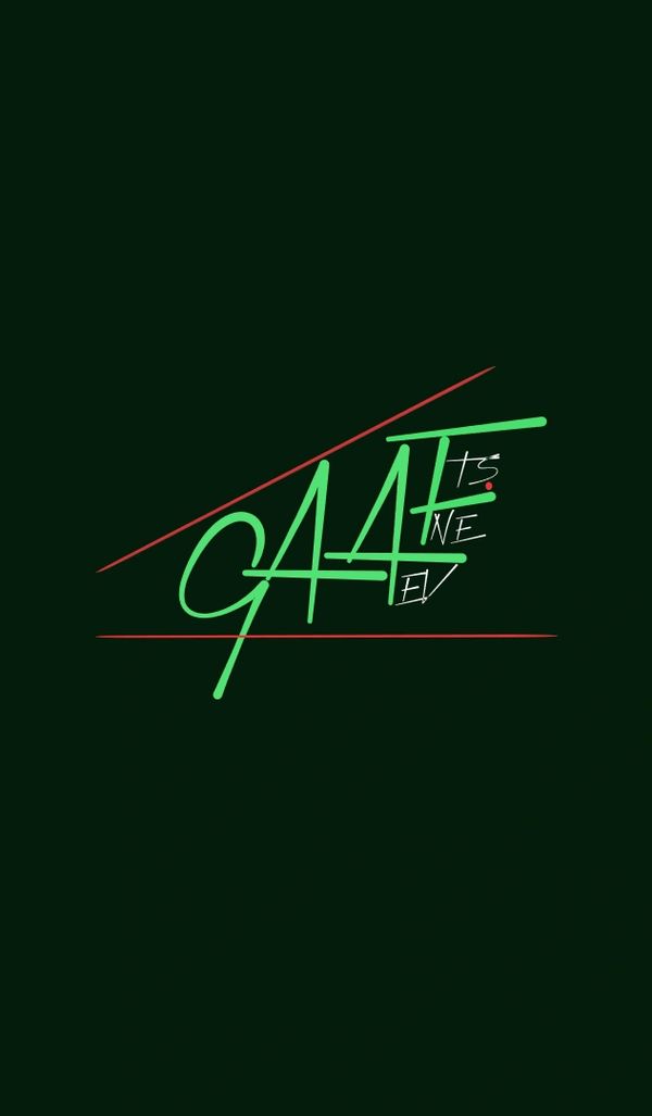 Stylized green and red geometric text design on black background.