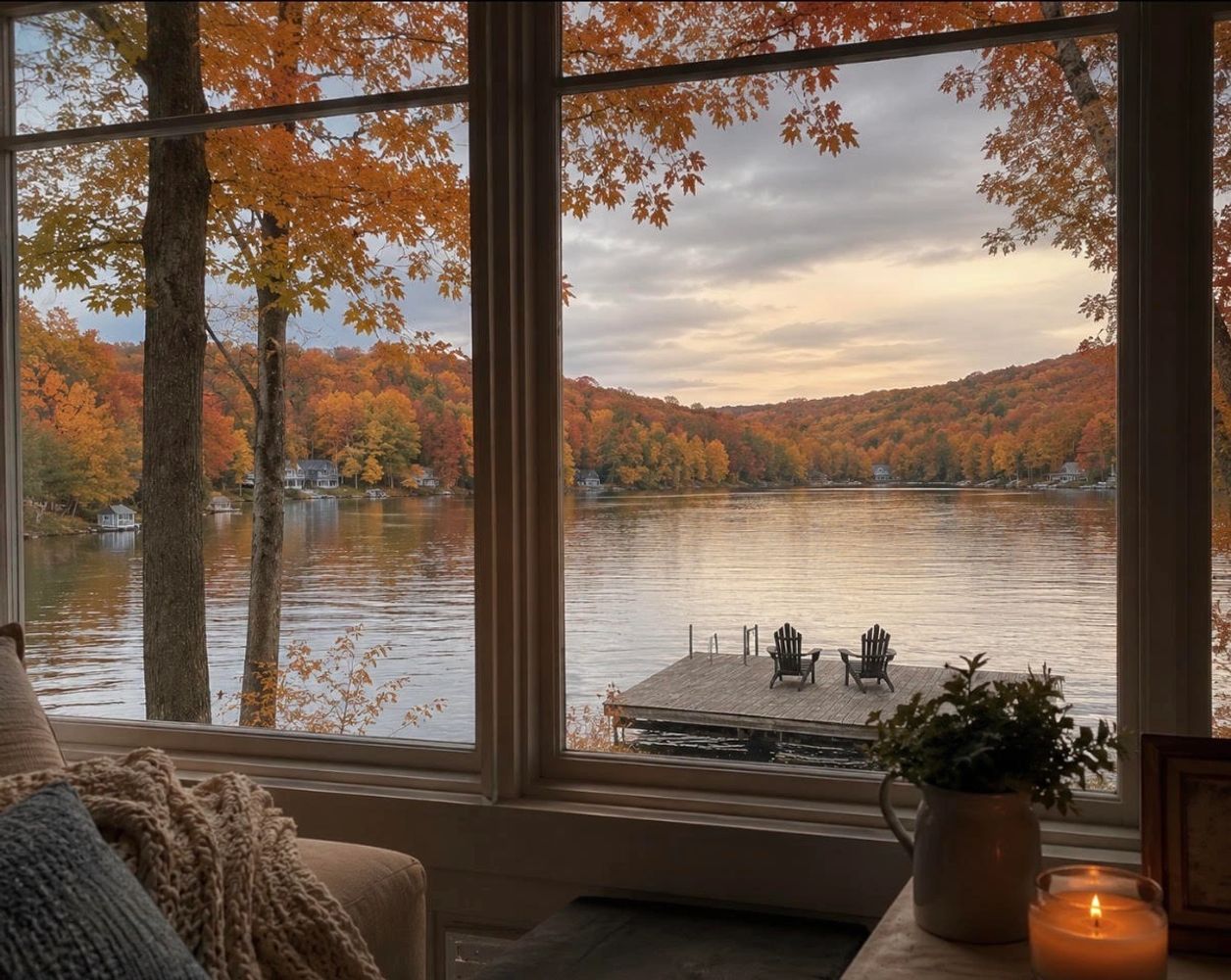 Cozy lake view through window in autumn.