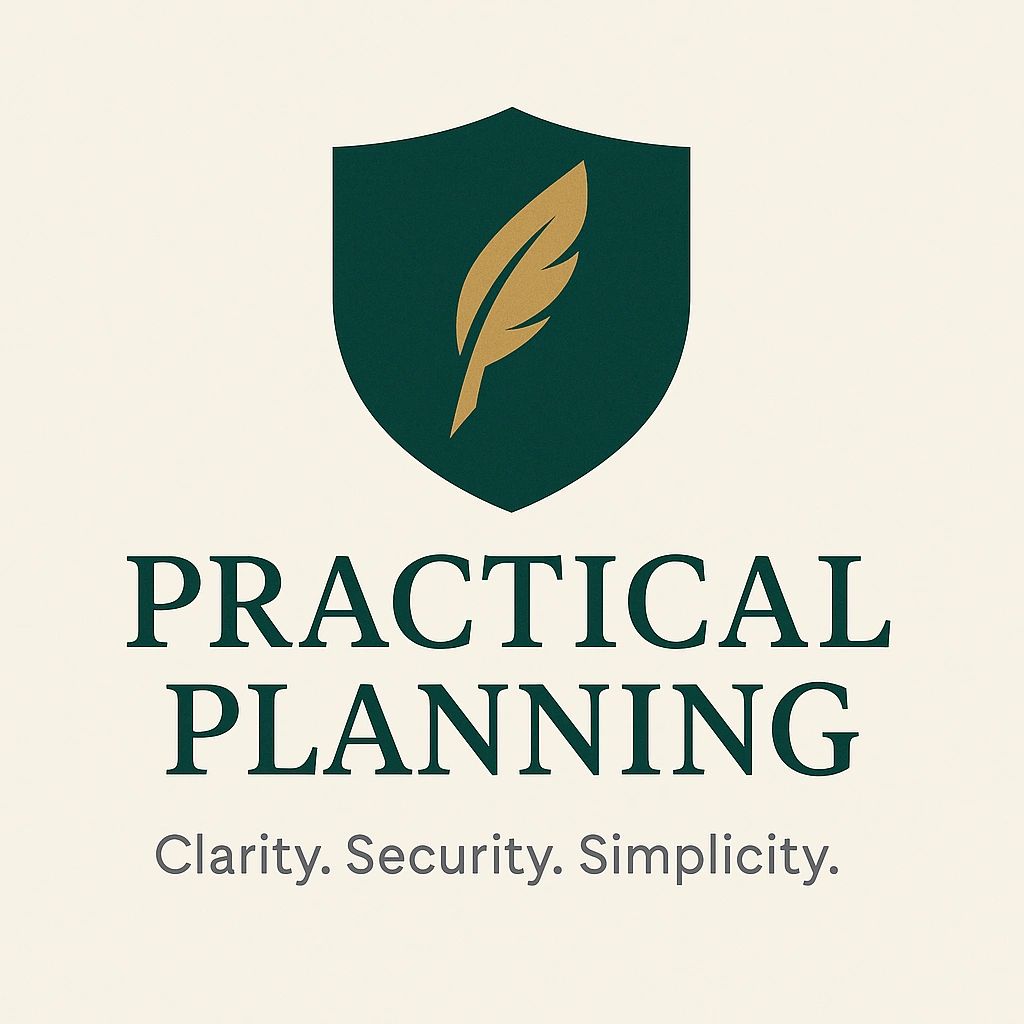 Logo for Practical Planning with a feather emblem and tagline.
