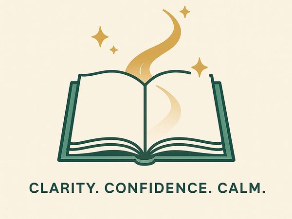 Open book with magical sparkles symbolizing clarity, confidence, and calm.