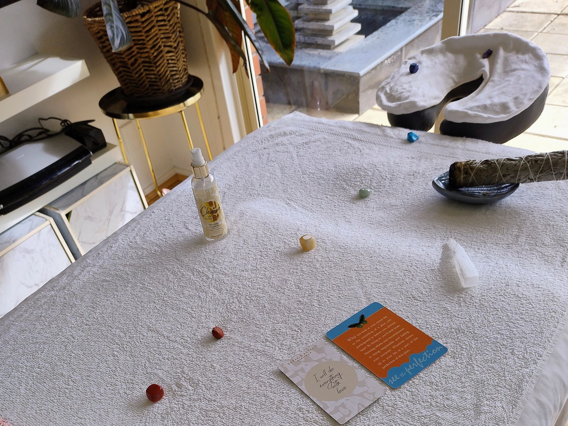 Professional massage table set up for a Bowen and Soul Reiki session.
