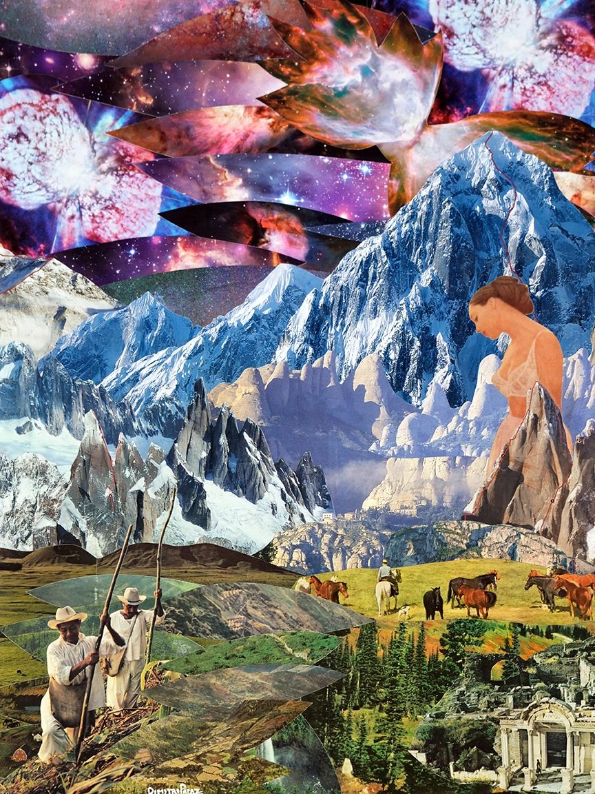 Surreal collage blending mountains, cosmos, and human figures in a dreamlike landscape.