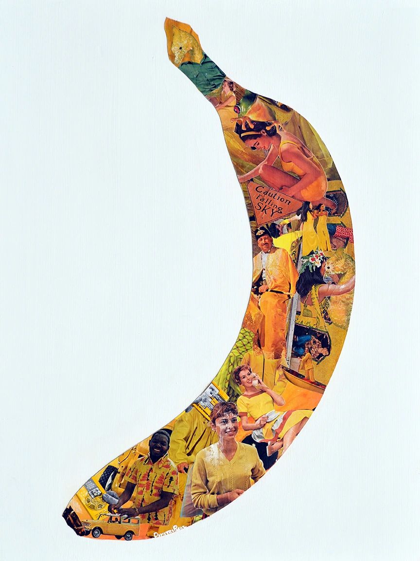 Banana-shaped collage of diverse people, objects, and scenes in yellow tones.