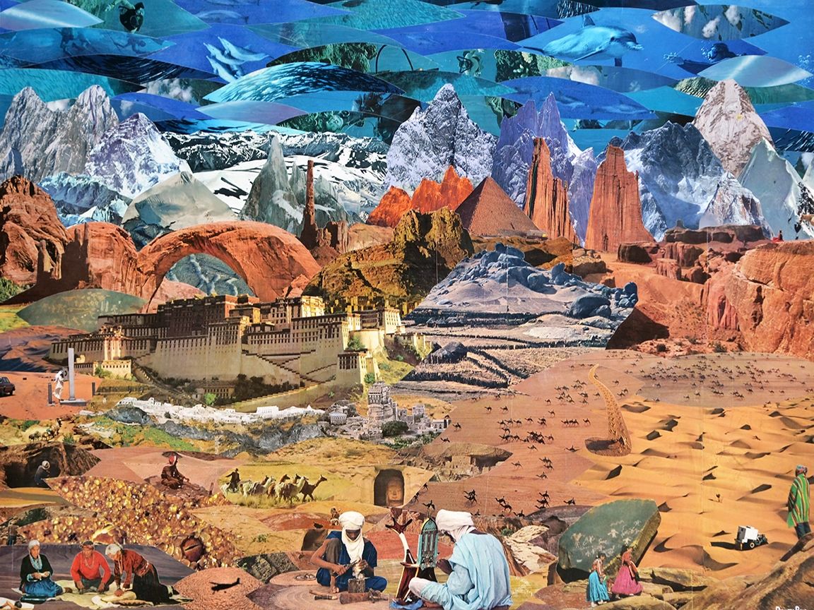 A surreal collage blending desert landscapes, mountains, and cultural elements into one scene.