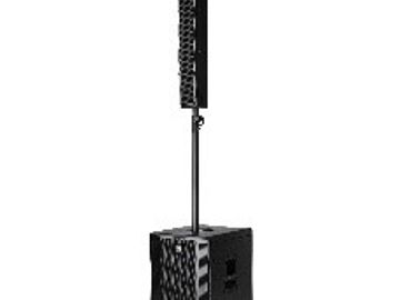 Black portable speaker system with subwoofer and tower.