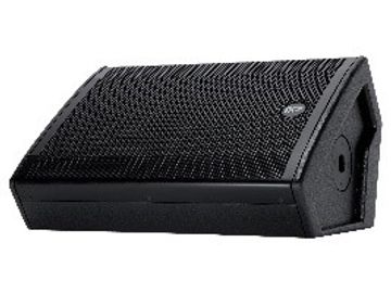 Black stage monitor speaker with mesh grille.