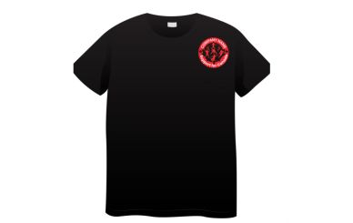 Black T-shirt with a red circular logo on the chest.