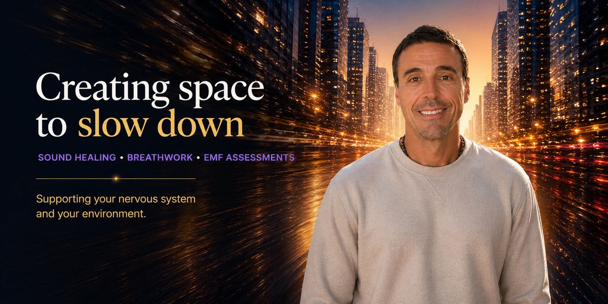 Man promoting space to slow down with sound healing and breathwork.