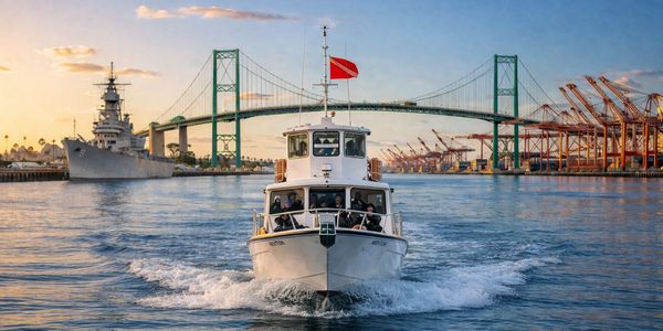 San Pedro boat trip near Vincent Thomas Bridge, Battleship Iowa, Port of LA, to Catalina Island.
