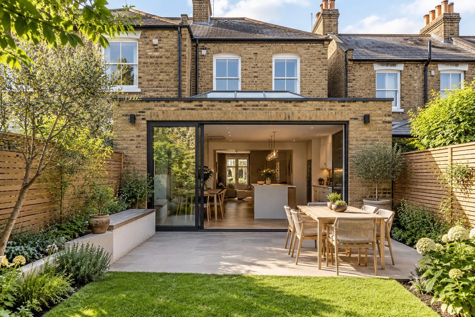 Brick home with a glazed rear extension opening onto a garden patio.