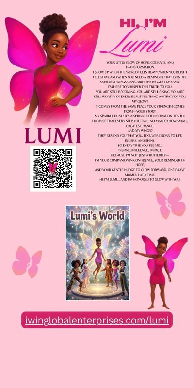 Illustration of Lumi, a glowing fairy with pink wings, inspiring hope and transformation.