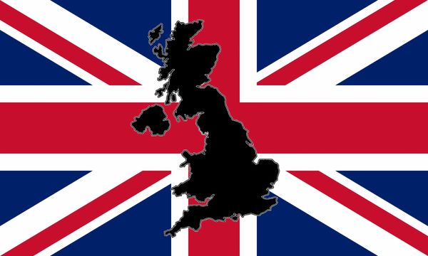UK flag with black UK map silhouette