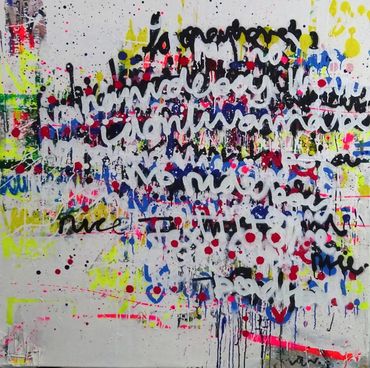 Abstract artist Germany, colourful abstract paintings created in oil sticks, spray paint and ink