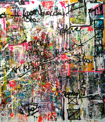 Abstract artist Germany, colourful abstract paintings created in oil sticks, spray paint and ink