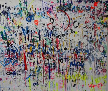 Abstract artist Germany, colourful abstract paintings created in oil sticks, spray paint and ink 