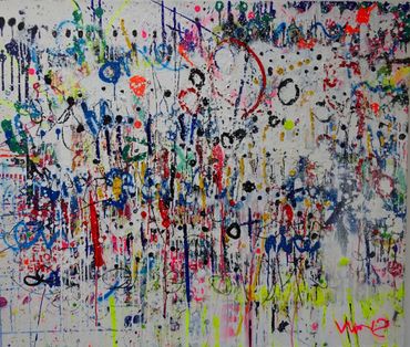 Abstract artist Germany, colourful abstract paintings created in oil sticks, spray paint and ink