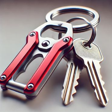 Close-up of keys with a red and silver multi-tool keychain.