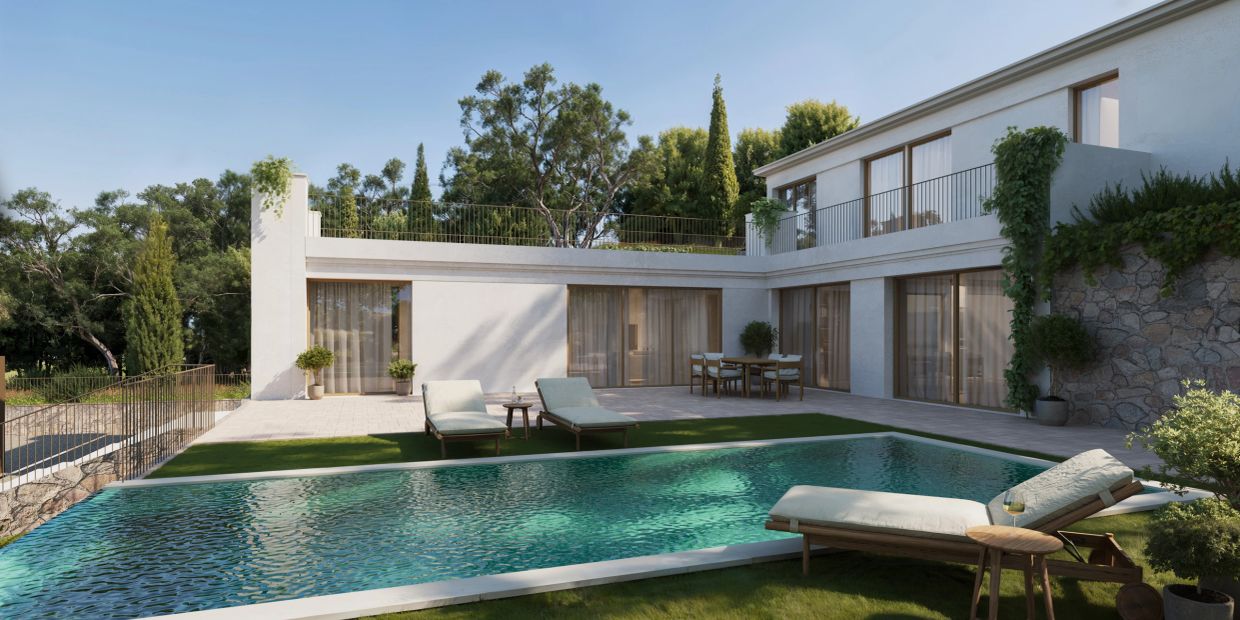 Modern house with a pool and lounge chairs in a peaceful garden setting.