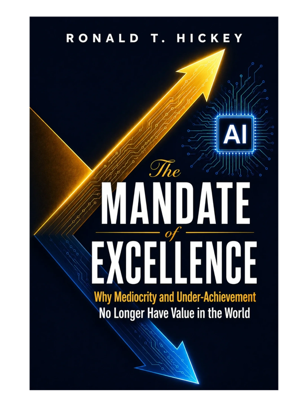 Book cover for 'The Mandate of Excellence' by Ronald T. Hickey with AI theme.