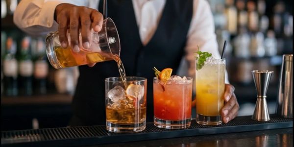 Bartender pouring a drink at the bar.