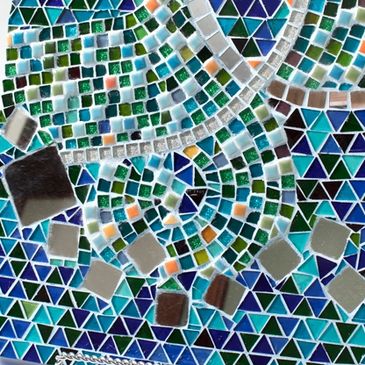 Handmade mosaic, blue swirls with mirrors