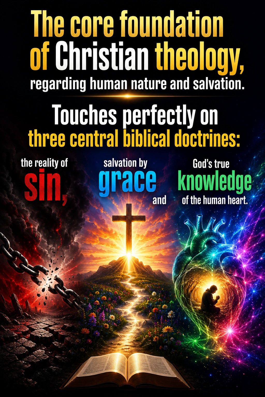 Christian theology's core foundation focuses on sin, grace, and knowledge.
