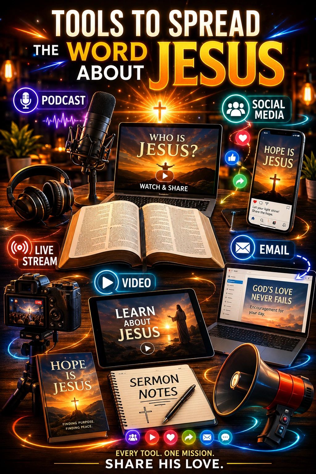 Tools to spread the word about Jesus with various media.