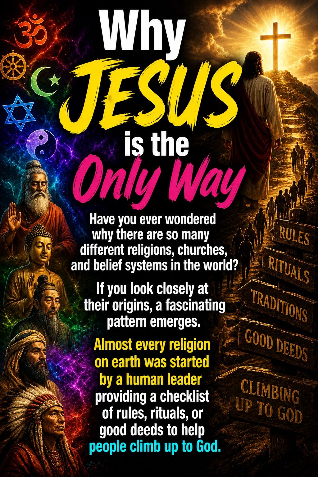 Illustration depicting why Jesus is the only way to God amid various religions.