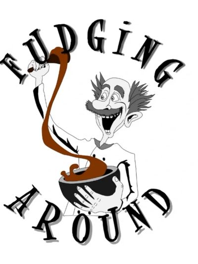 Cartoon man joyfully pouring fudge with 'Fudging Around' text.