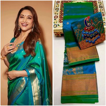 Woman wearing a vibrant green and blue silk saree with gold details.
