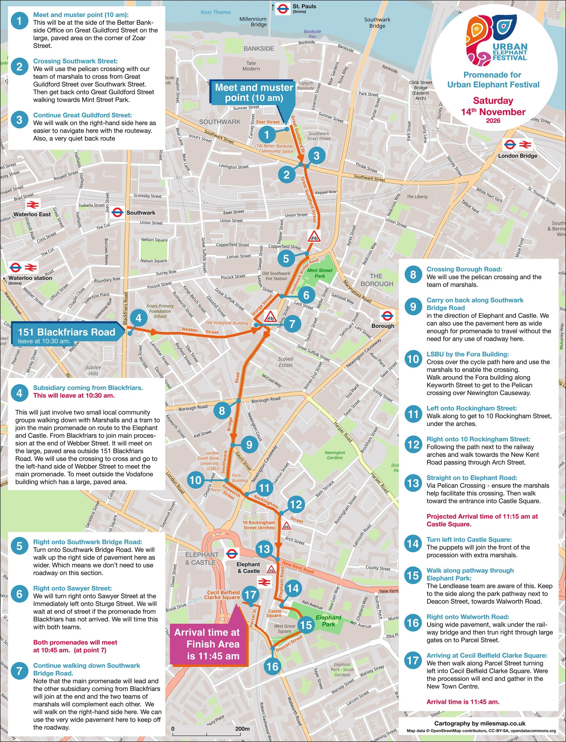 Map showing route and schedule for Urban Elephant Festival promenade on November 14, 2026.