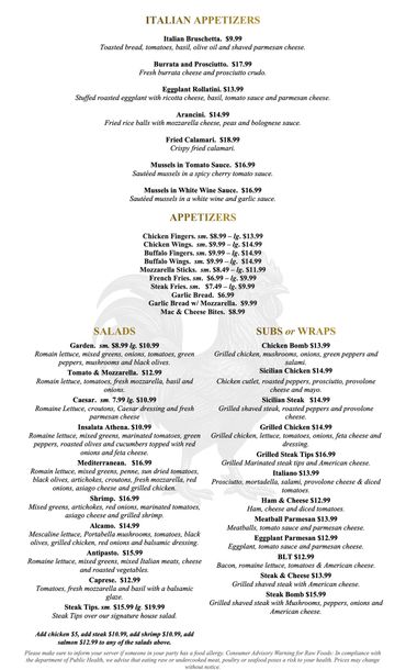 Menu featuring Italian appetizers, salads, subs, and wraps with detailed pricing.